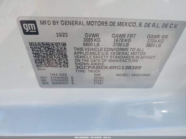 Aukcja sprzedaży 2024 Chevrolet Silverado 1500 2wd  Short Bed Custom, vin: 3GCPABEK4RG138389, numer aukcji: 45093598