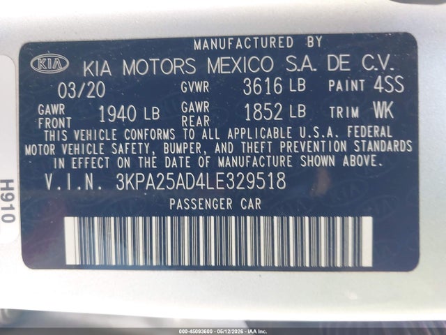 Продажа на аукционе авто 2020 Kia Rio 5-door S, vin: 3KPA25AD4LE329518, номер лота: 45093600