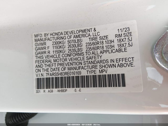 Продажа на аукционе авто 2024 Honda Cr-v Hybrid Sport-l, vin: 7FARS5H83RE016169, номер лота: 45093604