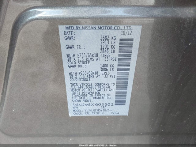 45093610 :رقم المزاد ، 5N1AR2MM6DC605501 vin ، 2013 Nissan Pathfinder Sl مزاد بيع