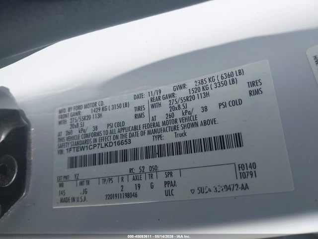 45093611 :رقم المزاد ، 1FTEW1CP7LKD16653 vin ، 2020 Ford F-150 Xl مزاد بيع