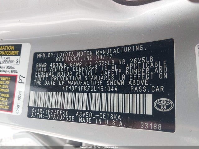 Продажа на аукционе авто 2012 Toyota Camry Se, vin: 4T1BF1FK7CU151044, номер лота: 45093617