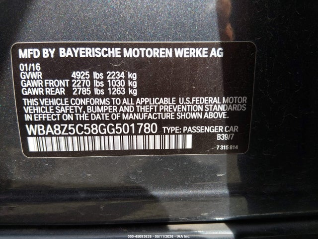 2016 Bmw 328i Gran Turismo Xdrive მანქანა იყიდება აუქციონზე, vin: WBA8Z5C58GG501780, აუქციონის ნომერი: 45093626