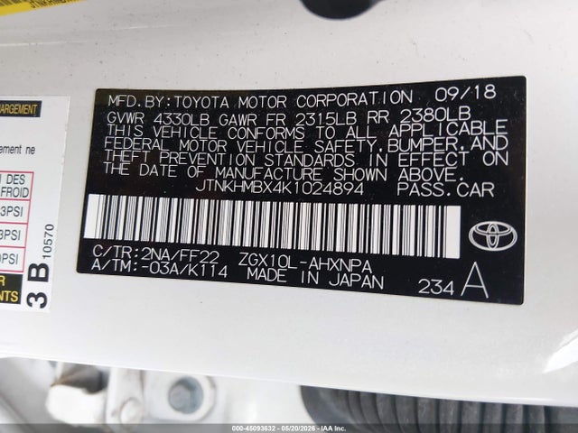45093632 :رقم المزاد ، JTNKHMBX4K1024894 vin ، 2019 Toyota C-hr Xle مزاد بيع