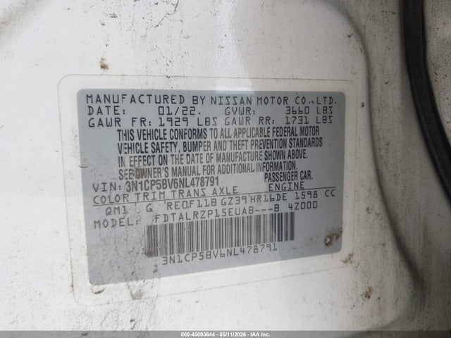 Aukcja sprzedaży 2022 Nissan Kicks S Xtronic Cvt, vin: 3N1CP5BV6NL478791, numer aukcji: 45093644