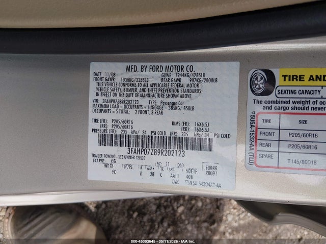 45093645 :رقم المزاد ، 3FAHP07Z89R202123 vin ، 2009 Ford Fusion Se مزاد بيع