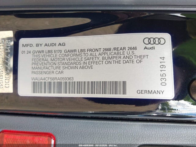 2024 Audi S5 Sportback Premium Tfsi Quattro Tiptronic მანქანა იყიდება აუქციონზე, vin: WAUA4CF58RA059363, აუქციონის ნომერი: 45093649