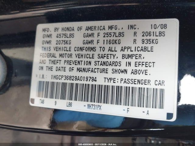 Продаж на аукціоні авто 2009 Honda Accord 3.5 Ex-l, vin: 1HGCP36829A019794, номер лоту: 45093653