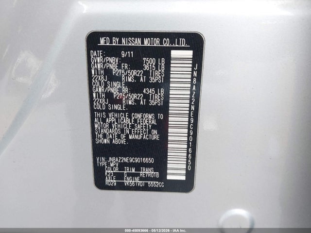 Auction sale of the 2012 Infiniti Qx56, vin: JN8AZ2NE9C9016650, lot number: 45093666