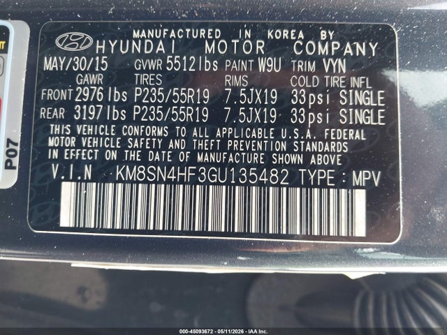 Aukcja sprzedaży 2016 Hyundai Santa Fe Limited, vin: KM8SN4HF3GU135482, numer aukcji: 45093672
