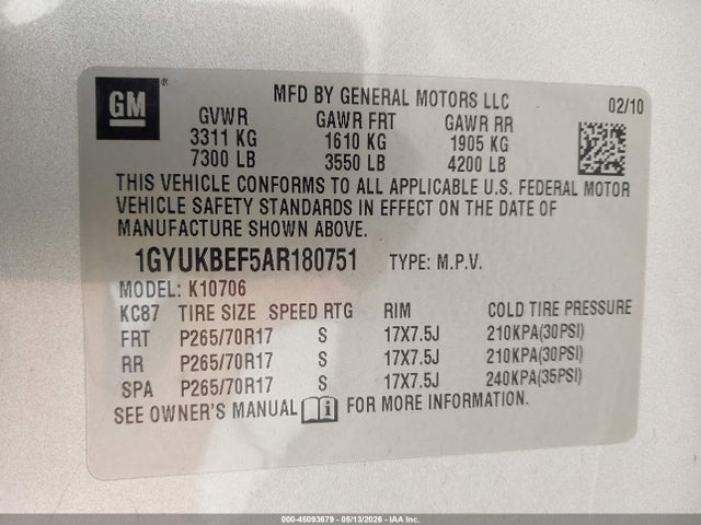 Aukcja sprzedaży 2010 Cadillac Escalade Luxury, vin: 1GYUKBEF5AR180751, numer aukcji: 45093679