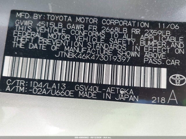 Продажа на аукционе авто 2007 Toyota Camry Xle V6, vin: JTNBK46K473019397, номер лота: 45093682
