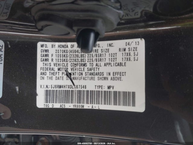 Aukcja sprzedaży 2013 Honda Cr-v Ex-l, vin: 5J6RM4H7XDL067546, numer aukcji: 45093700