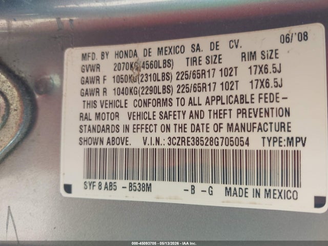 Продаж на аукціоні авто 2008 Honda Cr-v Ex, vin: 3CZRE38528G705054, номер лоту: 45093705