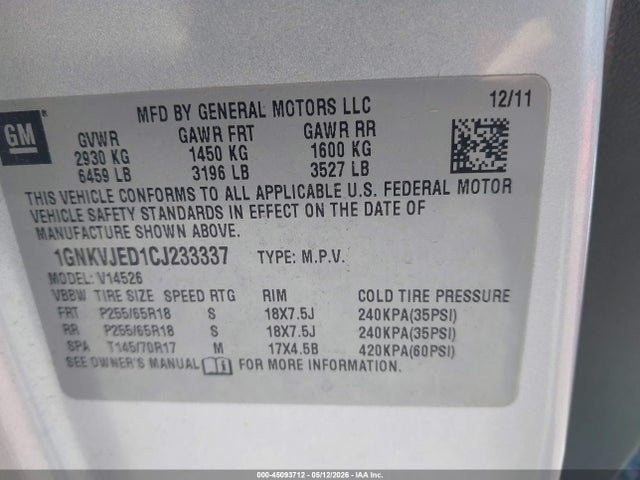 Продаж на аукціоні авто 2012 Chevrolet Traverse 2lt, vin: 1GNKVJED1CJ233337, номер лоту: 45093712