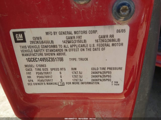 Продаж на аукціоні авто 2005 Chevrolet Silverado 1500 Work Truck, vin: 1GCEC14V55Z351708, номер лоту: 45093713