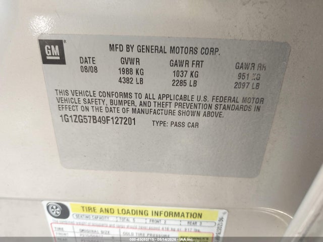 Aukcja sprzedaży 2009 Chevrolet Malibu Ls, vin: 1G1ZG57B49F127201, numer aukcji: 45093715
