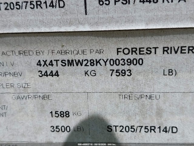 Aukcja sprzedaży 2019 Forest River Travel Trlr, vin: 4X4TSMW28KY003900, numer aukcji: 45093718