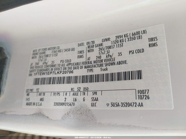 Aukcja sprzedaży 2020 Ford F-150 Xlt, vin: 1FTEW1EP7LKF20706, numer aukcji: 45093737