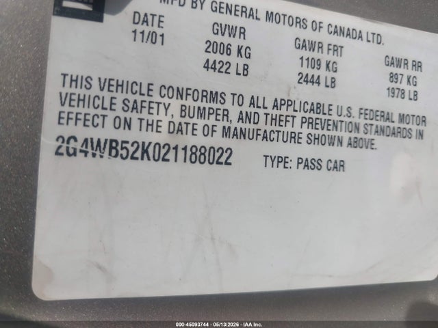 45093744 :رقم المزاد ، 2G4WB52K021188022 vin ، 2002 Buick Regal Ls مزاد بيع