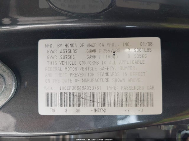 Aukcja sprzedaży 2008 Honda Accord 3.5 Ex-l, vin: 1HGCP36848A033761, numer aukcji: 45093745