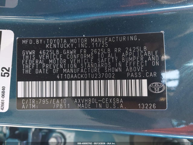2026 Toyota Camry Se მანქანა იყიდება აუქციონზე, vin: 4T1DAACK0TU237002, აუქციონის ნომერი: 45093762
