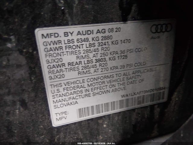 45093769 :رقم المزاد ، WA1LXAF73MD010534 vin ، 2021 Audi Q7 Premium Plus 55 Tfsi Quattro Tiptronic مزاد بيع