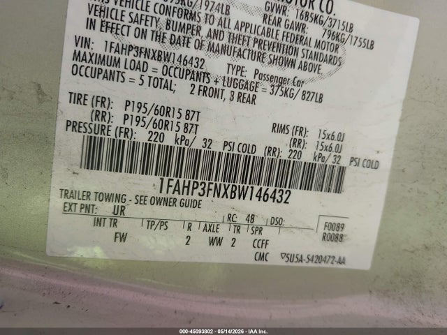 45093802 :رقم المزاد ، 1FAHP3FNXBW146432 vin ، 2011 Ford Focus Se مزاد بيع