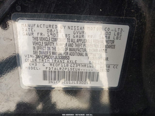 2018 Nissan Kicks S მანქანა იყიდება აუქციონზე, vin: 3N1CP5CU1JL530053, აუქციონის ნომერი: 45093804