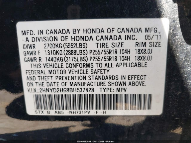 45093808 :رقم المزاد ، 2HNYD2H68BH537428 vin ، 2011 Acura Mdx Technology Package مزاد بيع