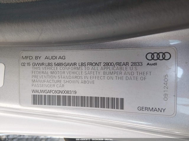 Aukcja sprzedaży 2016 Audi A7 3.0t Premium Plus, vin: WAUWGAFC6GN008319, numer aukcji: 45093812