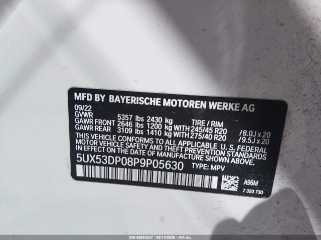 45093827 :رقم المزاد ، 5UX53DP08P9P05630 vin ، 2023 Bmw X3 Xdrive30i مزاد بيع