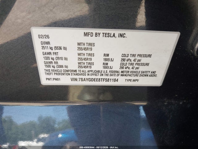 Aukcja sprzedaży 2026 Tesla Model Y, vin: 7SAYGDEE8TF581184, numer aukcji: 45093844