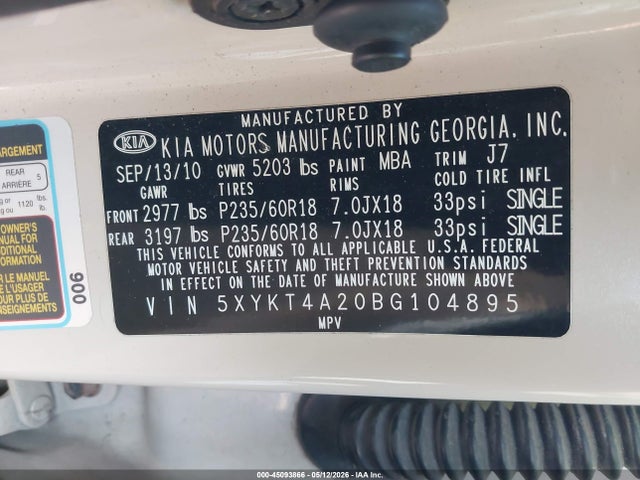 45093866 :رقم المزاد ، 5XYKT4A20BG104895 vin ، 2011 Kia Sorento Lx V6 مزاد بيع