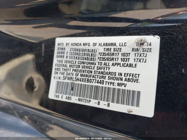 45093874 :رقم المزاد ، 5FNRL5H4XEB077440 vin ، 2014 Honda Odyssey Ex مزاد بيع