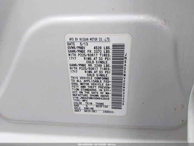 Продажа на аукционе авто 2013 Nissan Rogue Sv, vin: JN8AS5MV0DW643909, номер лота: 45093880