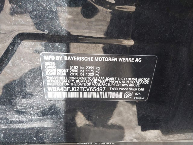 Продаж на аукціоні авто 2026 Bmw 530i, vin: WBA43FJ02TCV65487, номер лоту: 45093885