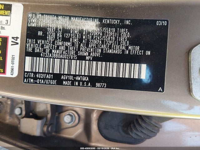Aukcja sprzedaży 2010 Toyota Venza, vin: 4T3ZA3BB0AU027815, numer aukcji: 45093890