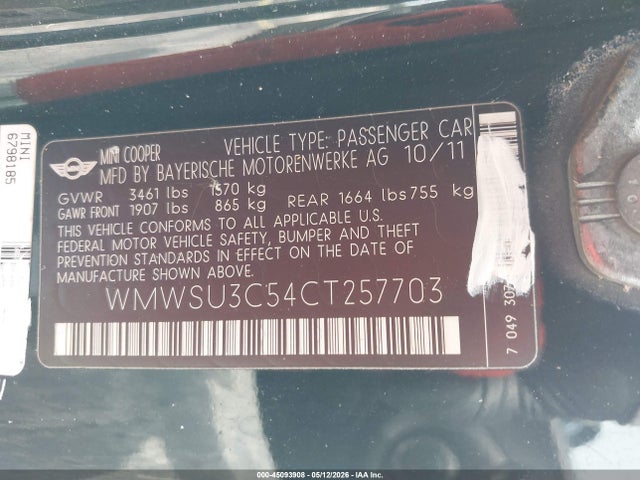 45093908 :رقم المزاد ، WMWSU3C54CT257703 vin ، 2012 Mini Cooper مزاد بيع
