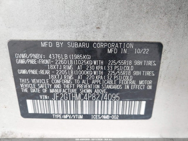 Продажа на аукционе авто 2023 Subaru Crosstrek Limited, vin: JF2GTHMC4P8274095, номер лота: 45093909
