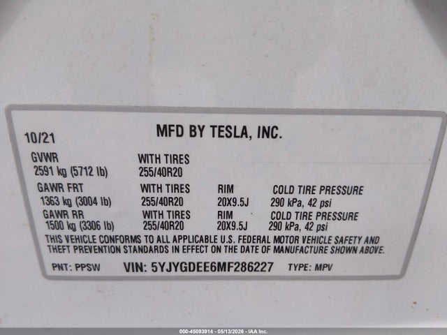 Продажа на аукционе авто 2021 Tesla Model Y Long Range Dual Motor All-wheel Drive, vin: 5YJYGDEE6MF286227, номер лота: 45093914