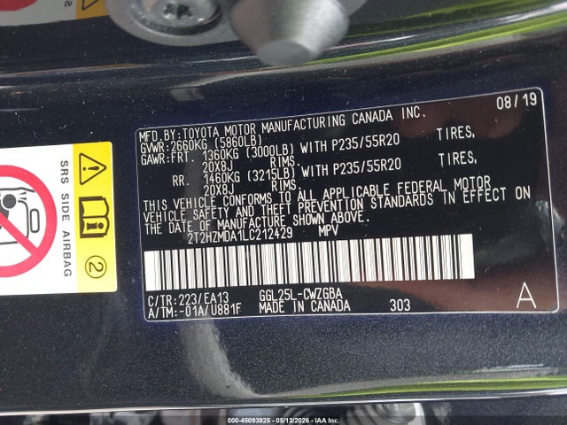 45093925 :رقم المزاد ، 2T2HZMDA1LC212429 vin ، 2020 Lexus Rx 350 مزاد بيع