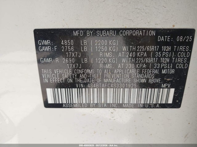 Aukcja sprzedaży 2025 Subaru Outback Premium, vin: 4S4BTAFC4S3301925, numer aukcji: 45093929