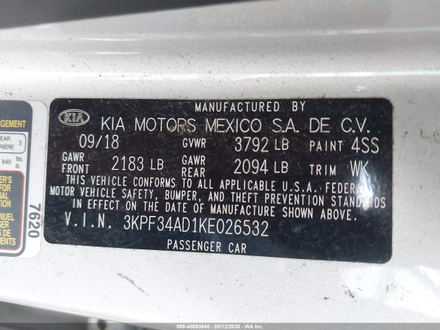 45093940 :رقم المزاد ، 3KPF34AD1KE026532 vin ، 2019 Kia Forte S مزاد بيع
