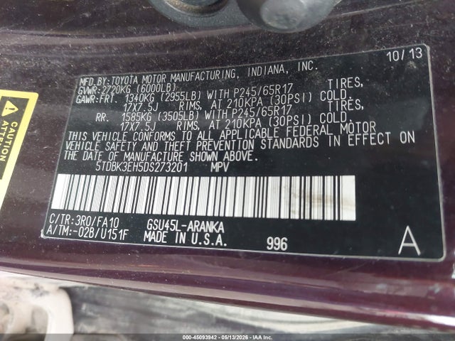 Aukcja sprzedaży 2013 Toyota Highlander Base Plus V6, vin: 5TDBK3EH5DS273201, numer aukcji: 45093942
