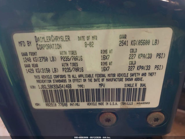 Продаж на аукціоні авто 2003 Jeep Liberty Limited Edition, vin: 1J8GL58K93W541468, номер лоту: 45093956