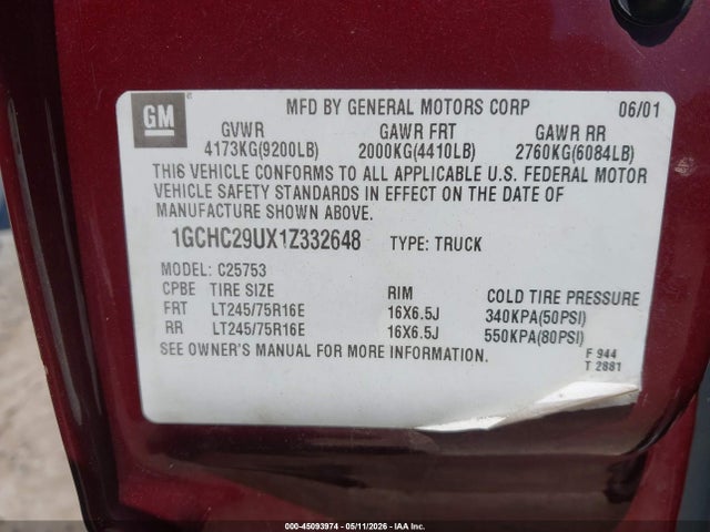 Aukcja sprzedaży 2001 Chevrolet Silverado 2500hd Ls, vin: 1GCHC29UX1Z332648, numer aukcji: 45093974