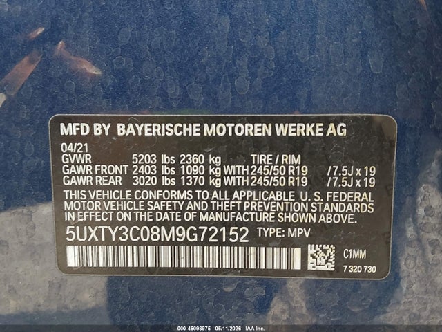 2021 Bmw X3 Sdrive30i მანქანა იყიდება აუქციონზე, vin: 5UXTY3C08M9G72152, აუქციონის ნომერი: 45093975
