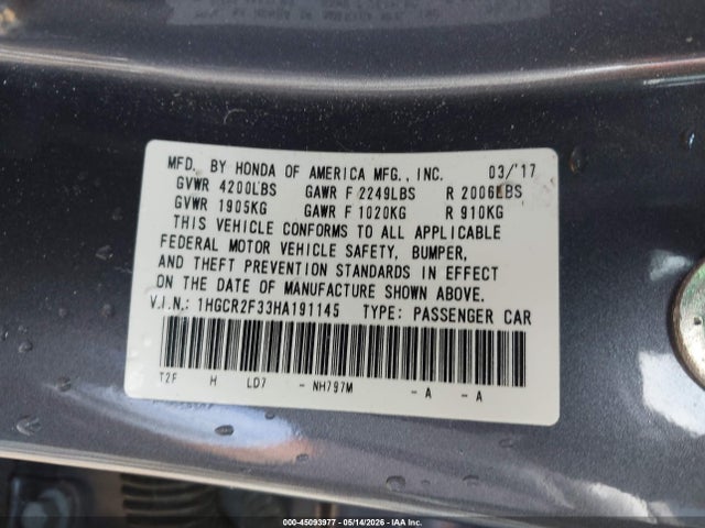 Продажа на аукционе авто 2017 Honda Accord Lx, vin: 1HGCR2F33HA191145, номер лота: 45093977