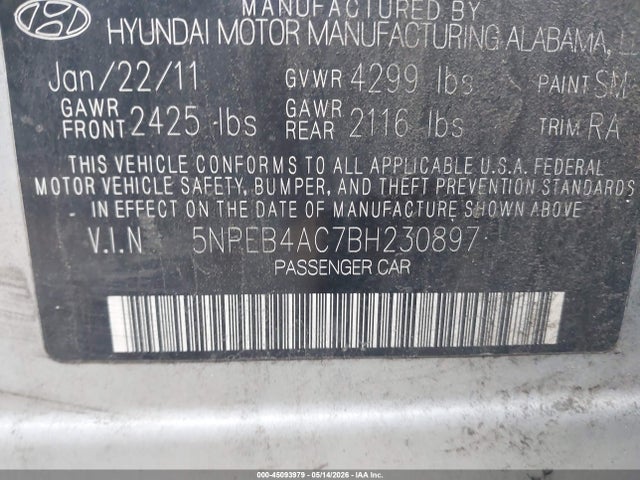 45093979 :رقم المزاد ، 5NPEB4AC7BH230897 vin ، 2011 Hyundai Sonata Gls مزاد بيع